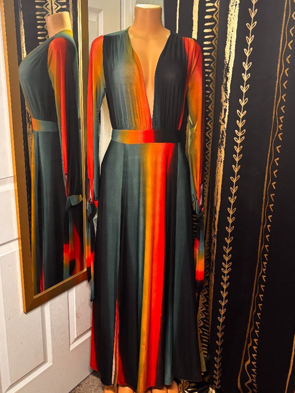Touch Me Bohemian Maxi Dress Long Sleeve Front 3 Slits Beach Dress Deep V Women'